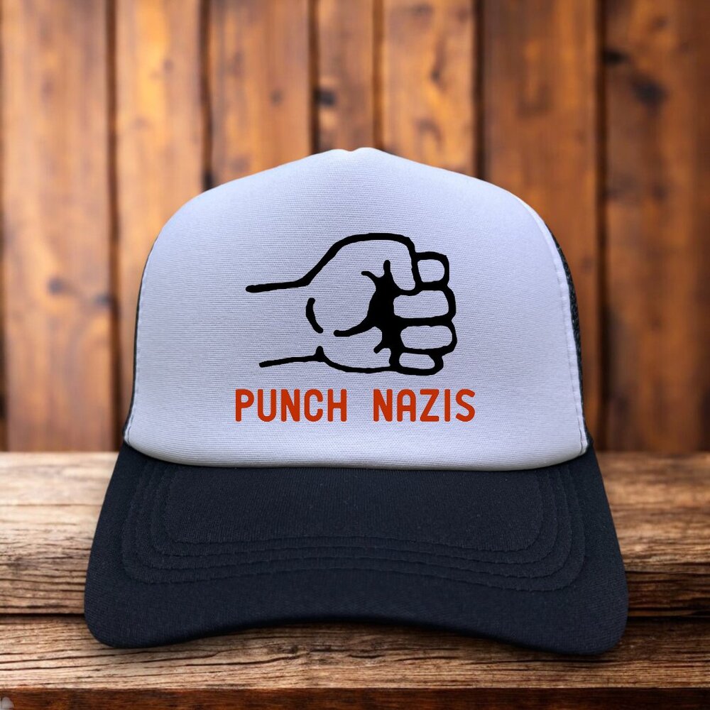 Punch Nazis Mens Trucker Hat Black Snapback Anti Facist Anarchy Baseball Cap
